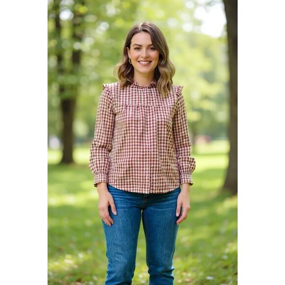 HAPTICS Womens Gingham Ruffle Red White Long Sleeve Blouse Top Cotton Blend 1X - Picture 1 of 8